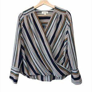 Boutique Monteau Colorful Stripe Faux Wrap Surplice Long Sleeve Top M